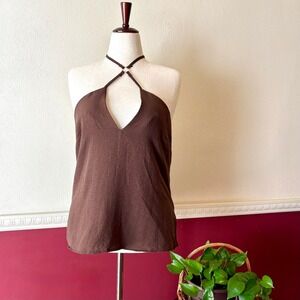 Aralina Chocolate Brown Halter Neck O-Ring Cowl Back Tank Top L Dark Coquette